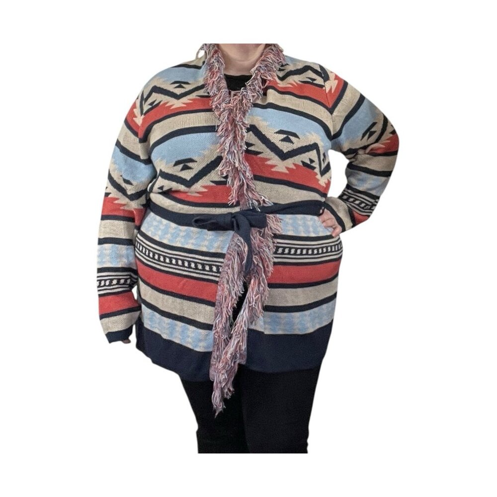 Margeaux & Ellie Womens 2X Long Cardigan Aztec‎ Open Front Tie Closure Fringe